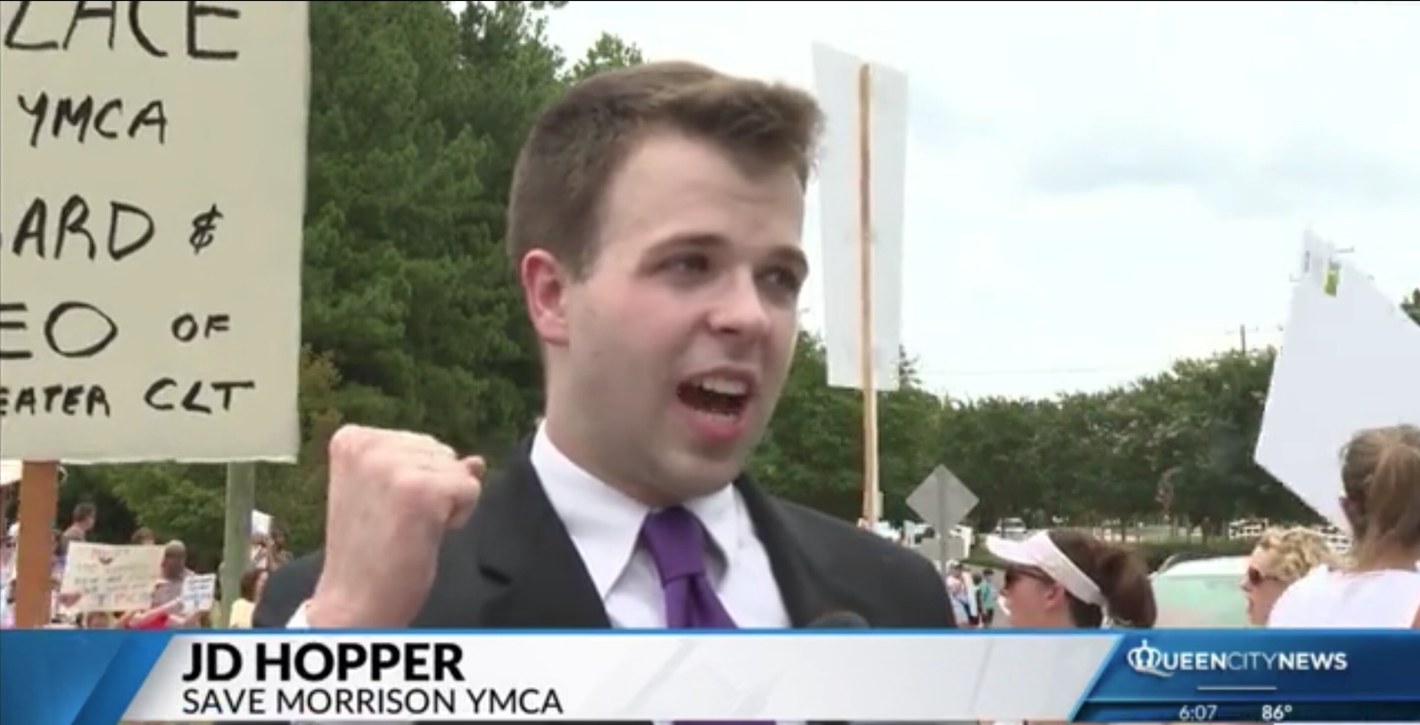 JD Hopper interviewed by Queen City News at the Save Morrison YMCA rally in Charlotte
